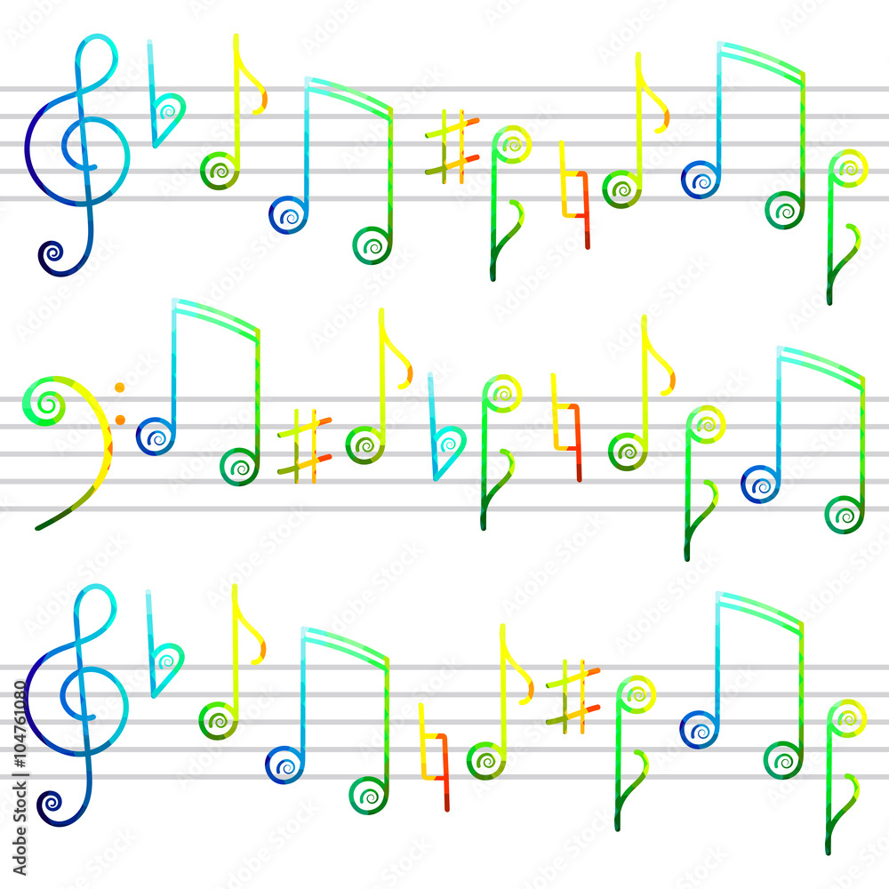 colorful musical notes freehand drawing background 