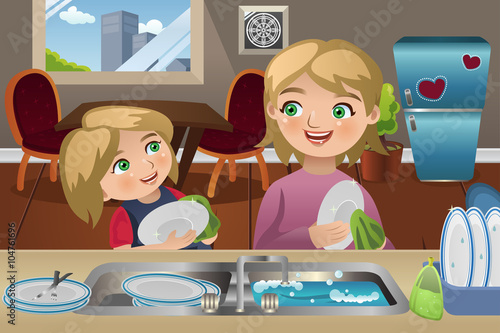 Mother Daughter Washing Dishes
