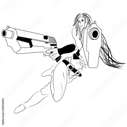 Sketch cartoon girl with a guns