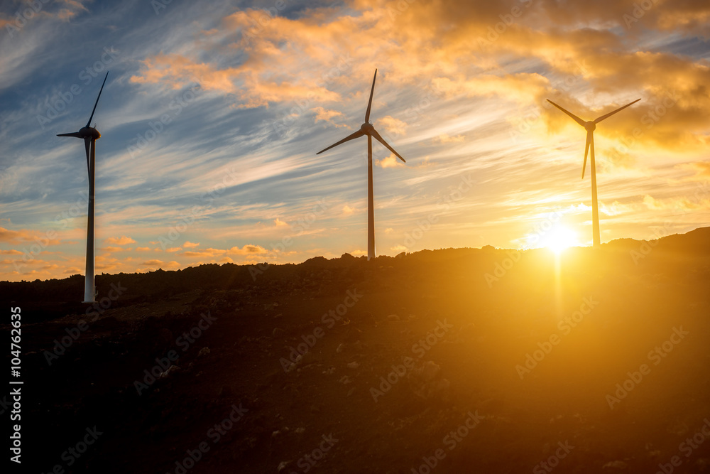 Obraz premium Electric windmills on the sky background on the sunset