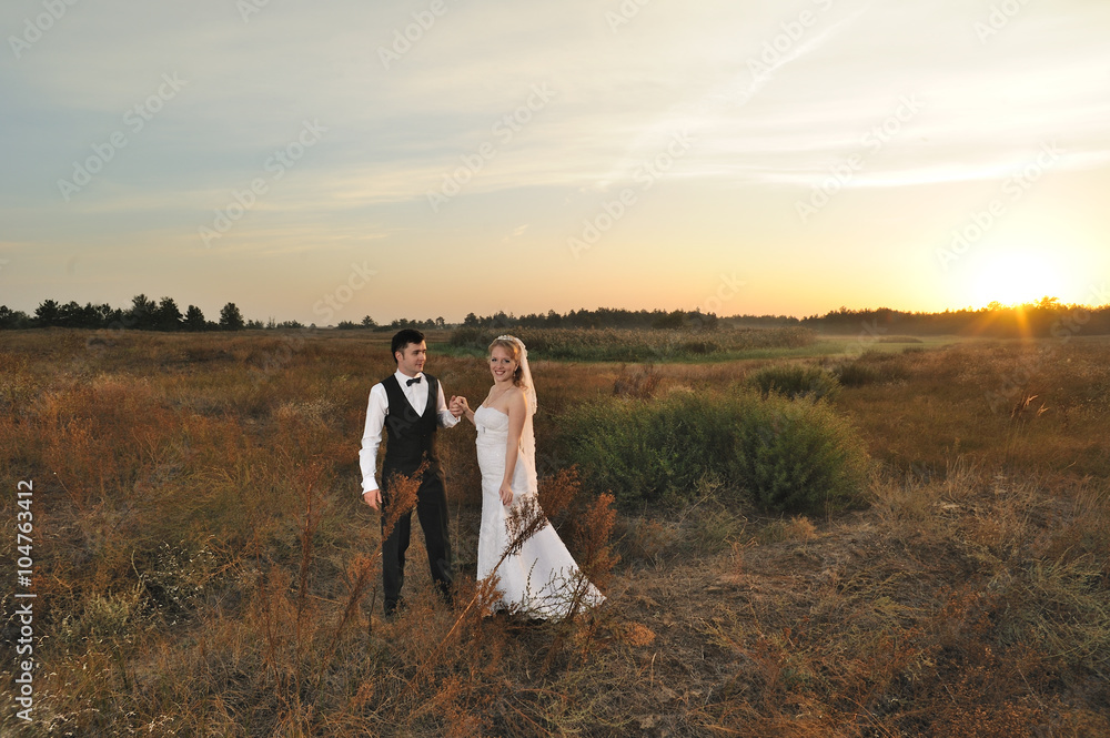 Bride and Groom in the Field at Sunset Bride and Groom in the Field at Sunset