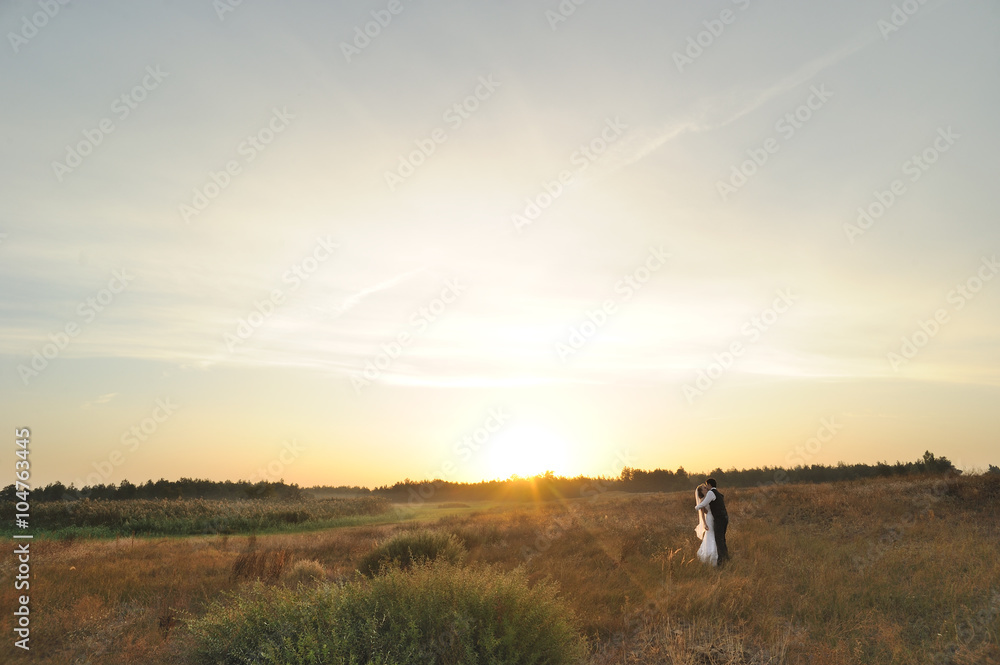 Bride and Groom in the Field at Sunset