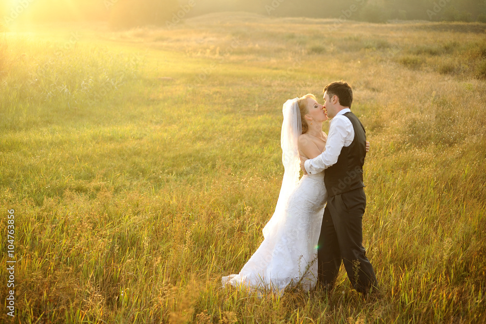 Bride and Groom Posing in the Field against sunbeams