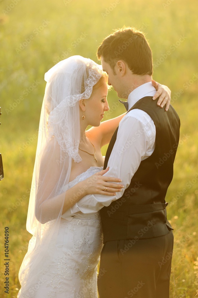 Bride and Groom Posing in the Field, filled with light Bride and Groom Posing in the Field, filled with light