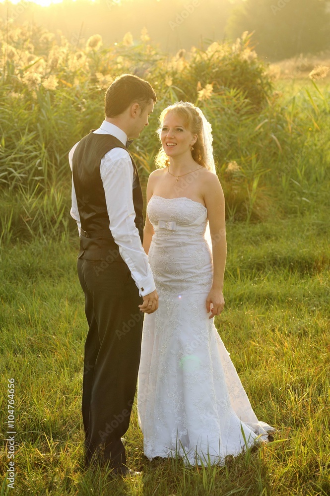 Bride and Groom Posing in the field