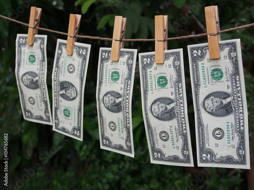 Two dollar bill fixed on clothes peg with green blur backgroung