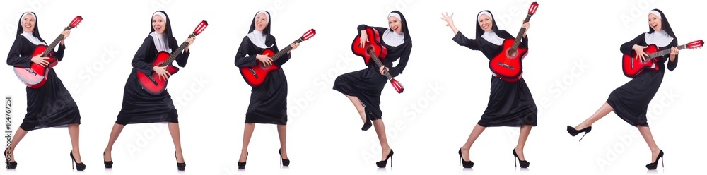 Nun with guitar isolated on white