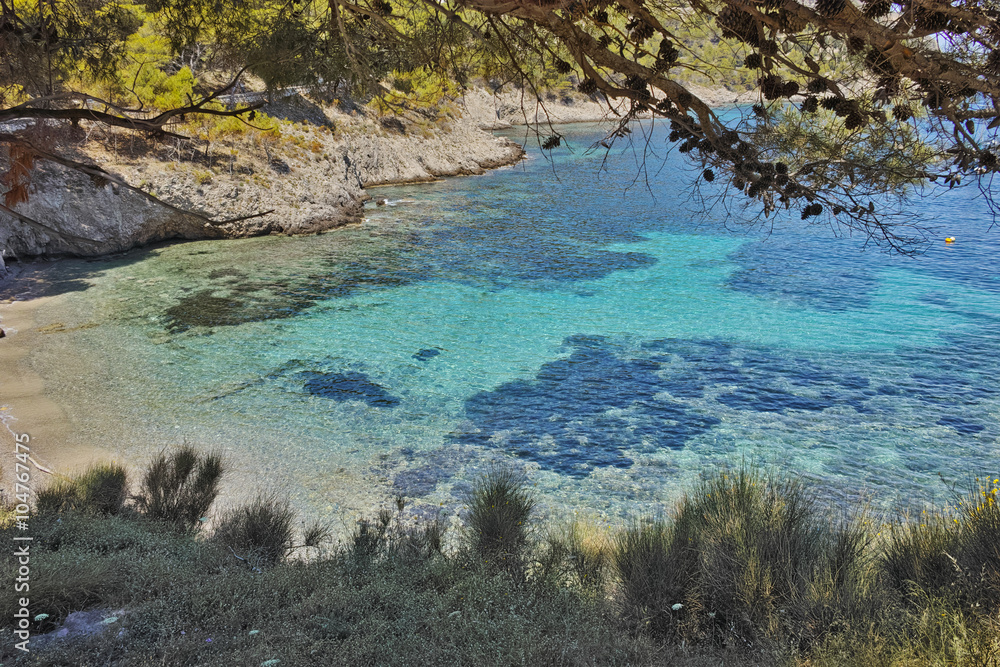 View of Assos beach and beautiful sea bay, Kefalonia, Ionian islands, Greece View of Assos beach and beautiful sea bay, Kefalonia, Ionian islands, Greece