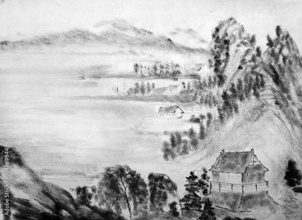 Chinese mountains and huts Chinese mountains and huts