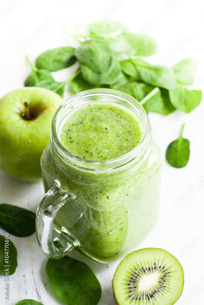 Healthy green smoothie in jar. Healthy green smoothie in jar.