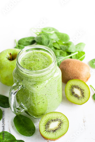 Healthy green smoothie in jar.