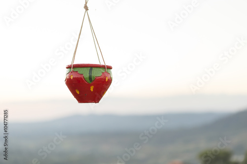 Strawberry shaped pot hanging with mountain