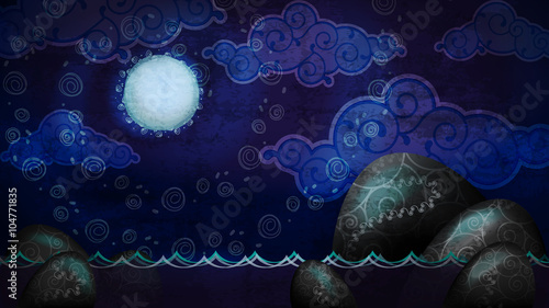 Cartoon style night seascape with full moon and boulders in the water