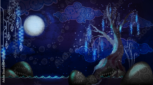 Cartoon seascape with moon and tree