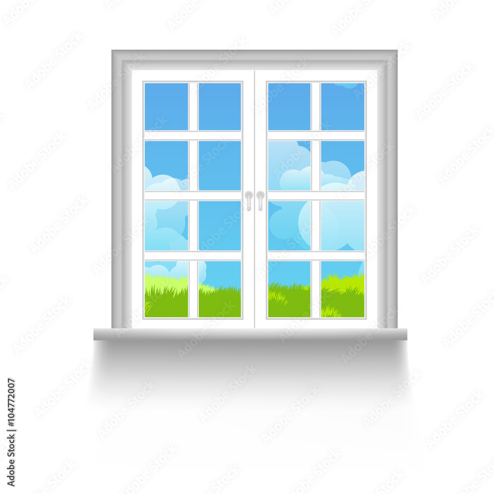 Window with sky, clouds and grass outside Window with sky, clouds and grass outside