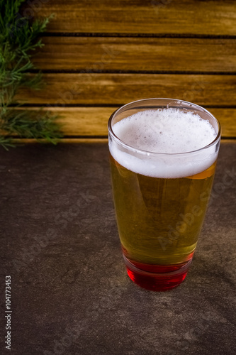 Glass full of beer and green branch on light brown background 