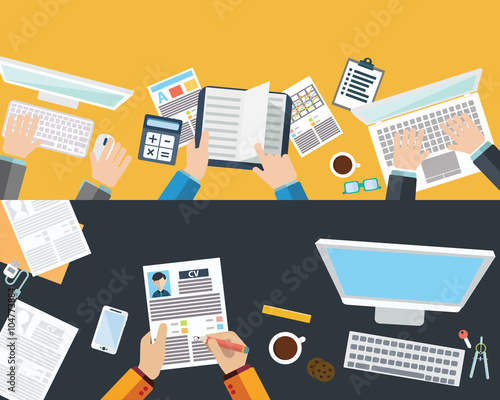 Set of flat design illustration concepts for business, finance, consulting, management, human resources, career, employment agency, staff training. Concepts for web banner and printed materials