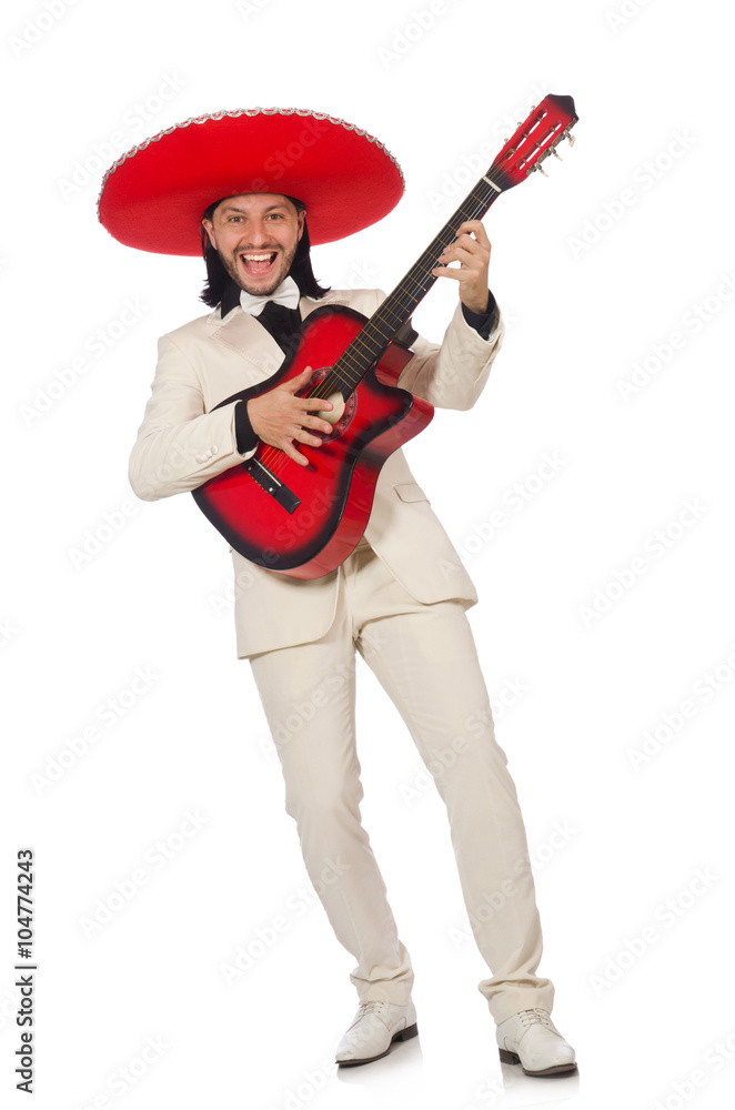 Funny mexican in suit holding guitar isolated on white Funny mexican in suit holding guitar isolated on white