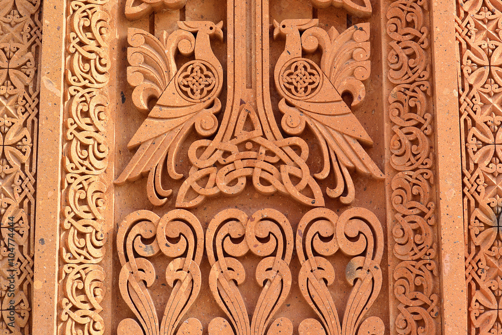 khachkar pattern on volcanic tuff, texture, traditional Armenian