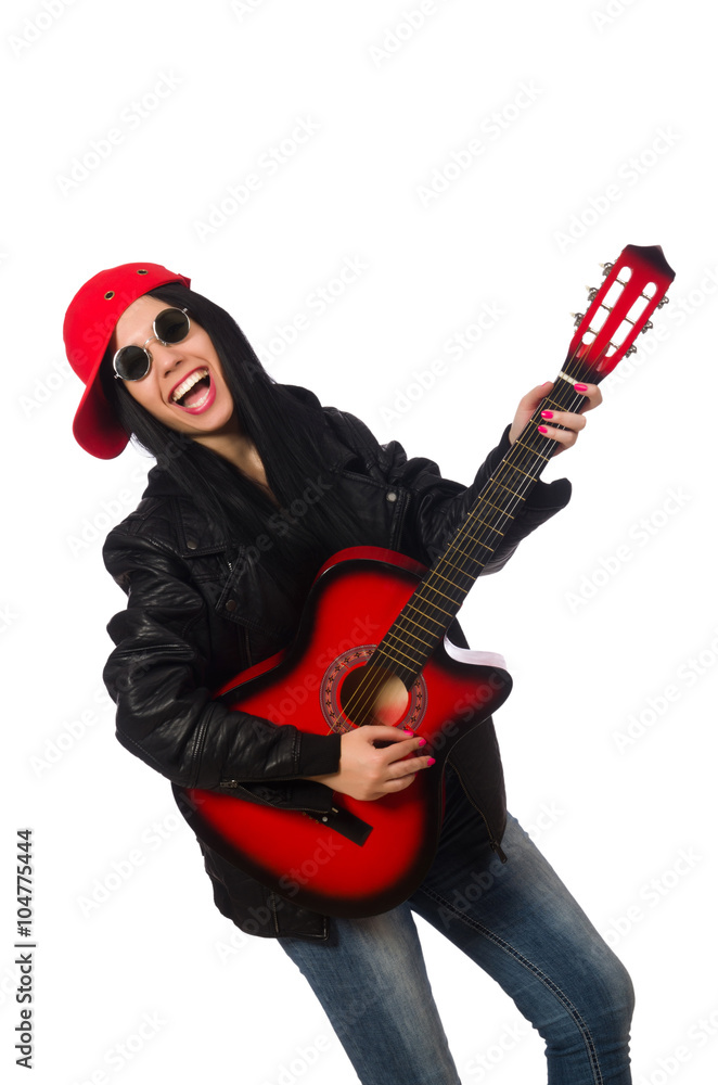 Woman playing guitar isolated on white