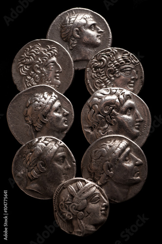 Obraz na płótnie Collection of ancient greek coins on a black background w salonie