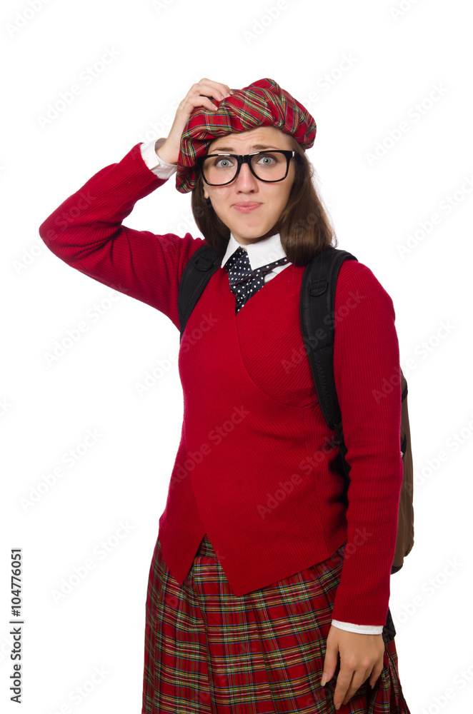 Fototapeta premium Girl in scottish tartan clothing isolated on white