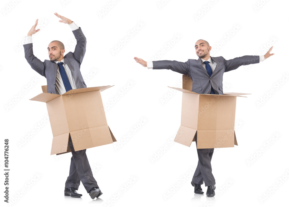 Collage of photos with man and boxes Collage of photos with man and boxes