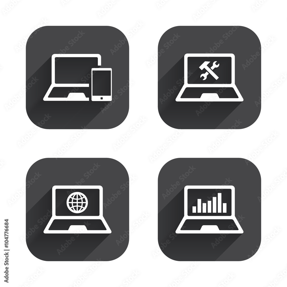 Notebook laptop pc icons. Repair fix service. Notebook laptop pc icons. Repair fix service.