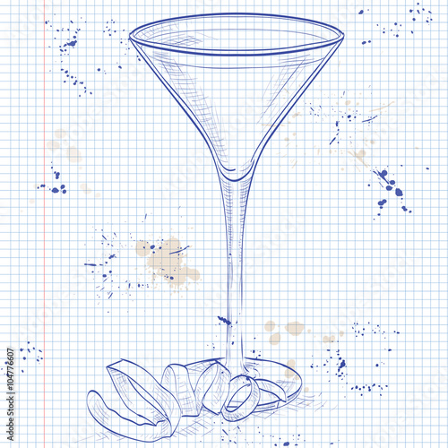 Cocktail Vesper mixed drink on a notebook page