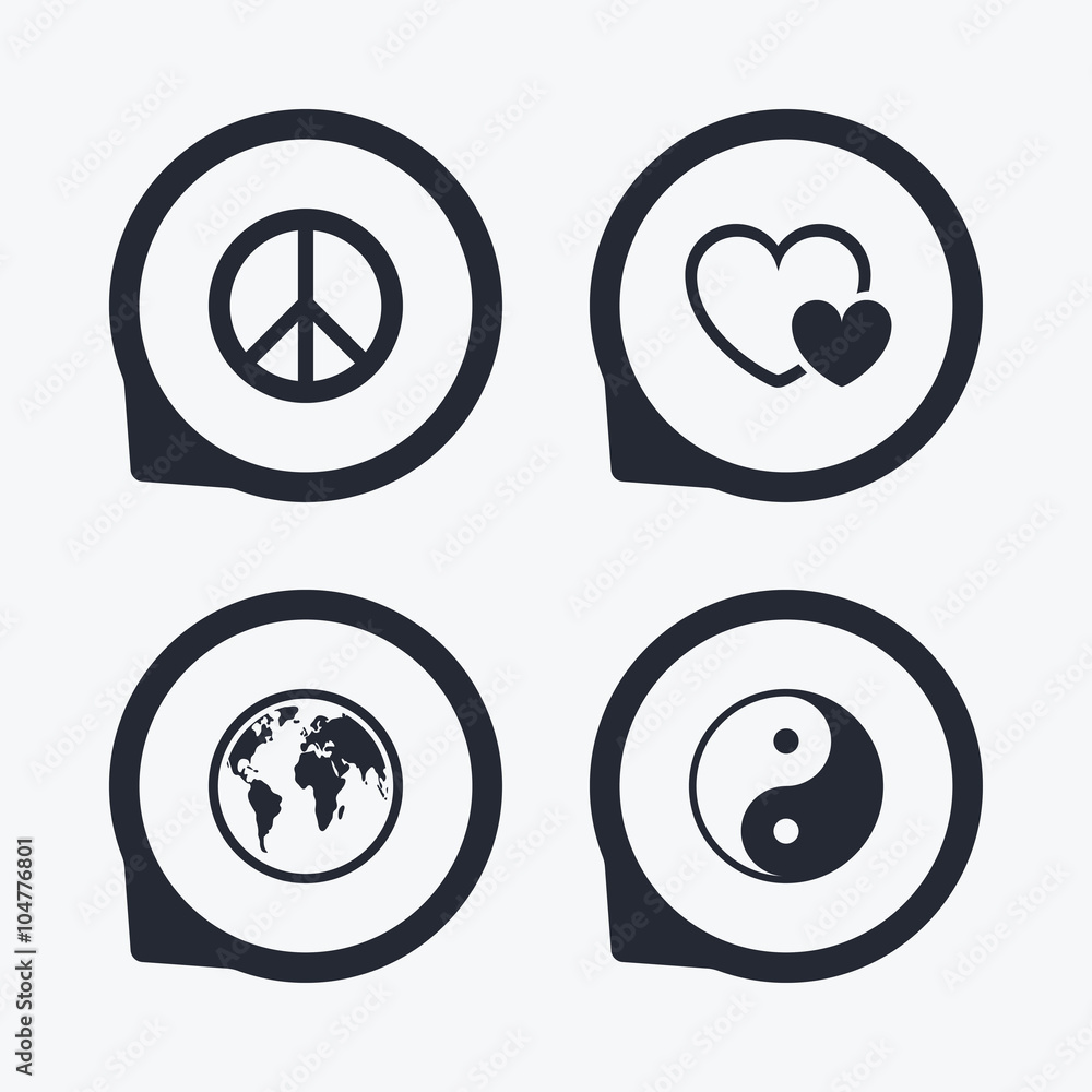 World globe icon. Ying yang sign. Hearts love. World globe icon. Ying yang sign. Hearts love.