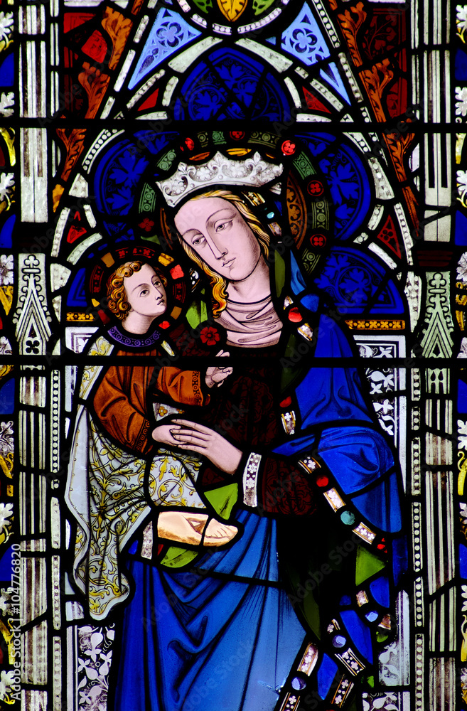 Mother Mary with baby Jesus in stained glass