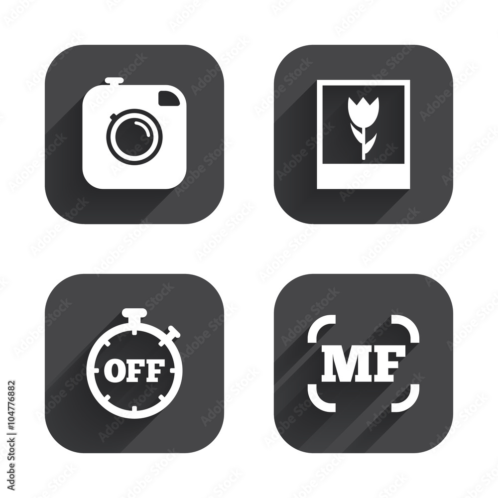 Photo camera icon. Manual focus and Macro signs. Photo camera icon. Manual focus and Macro signs.