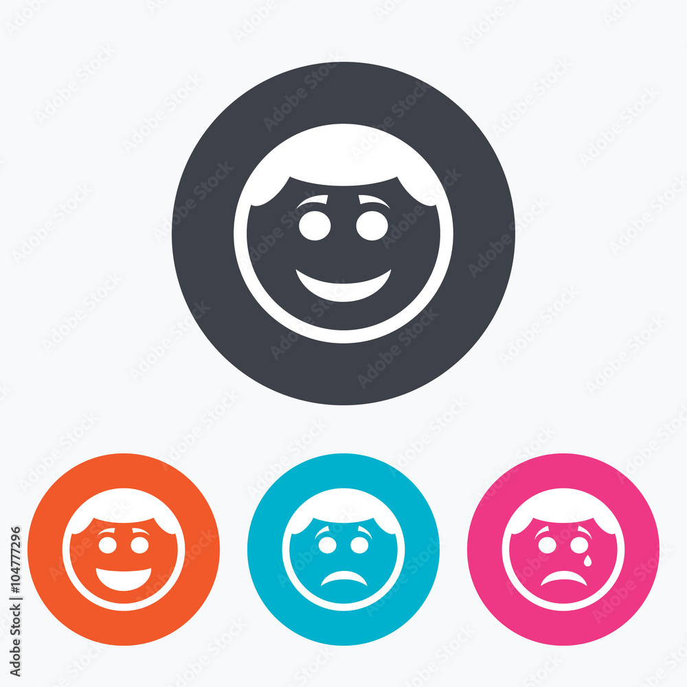 Circle smile face icons. Happy, sad, cry. Circle smile face icons. Happy, sad, cry.