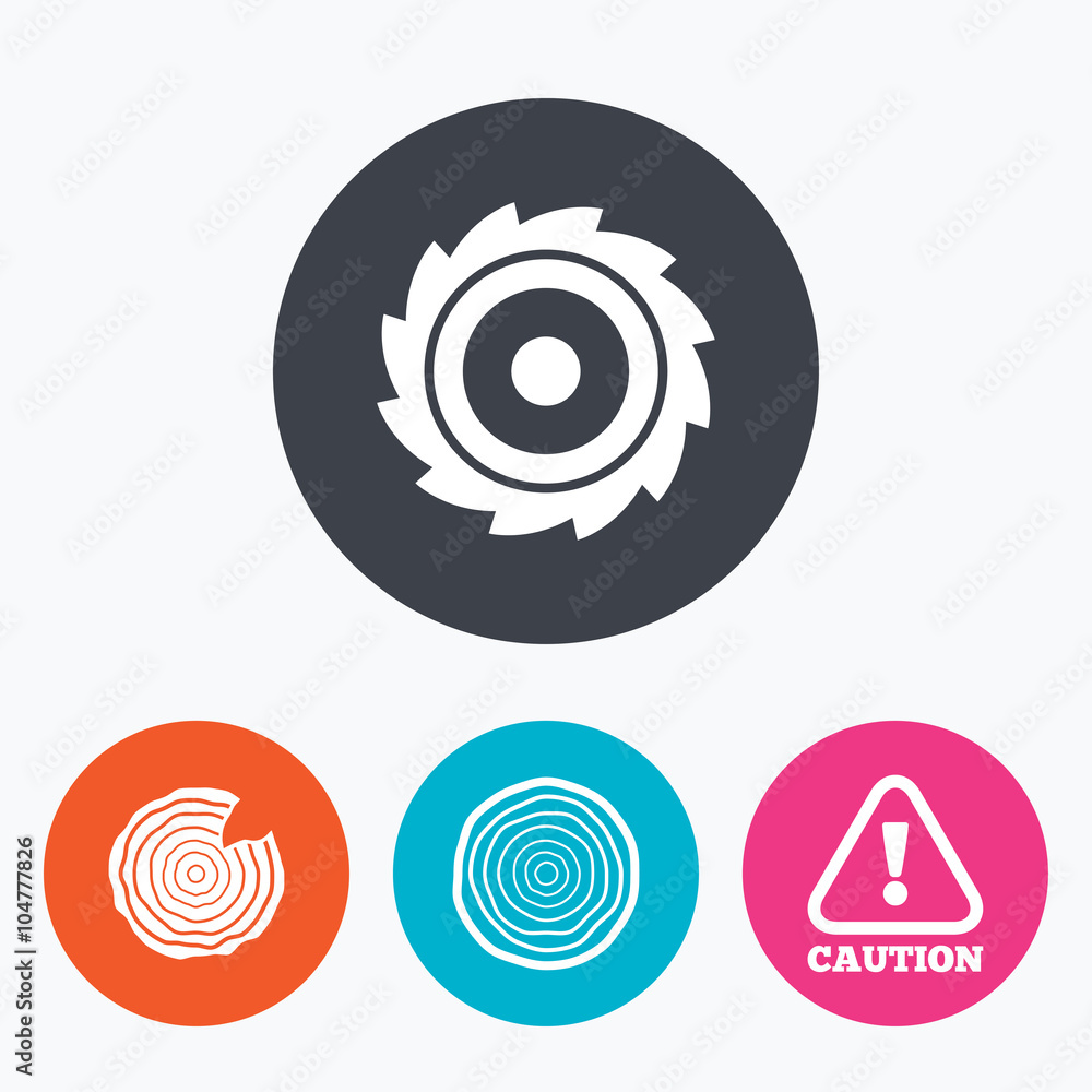 Wood and saw circular wheel icons. Attention. Wood and saw circular wheel icons. Attention.