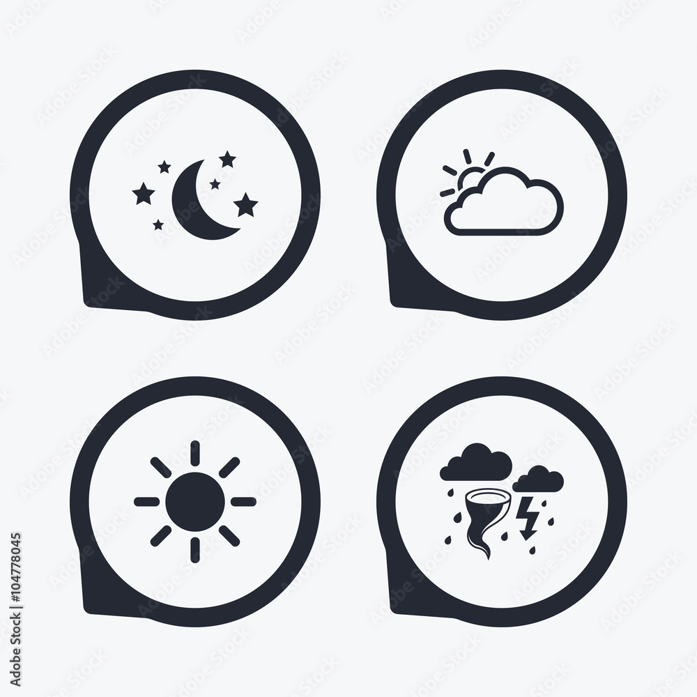 Cloud and sun icon. Storm symbol. Moon and stars
