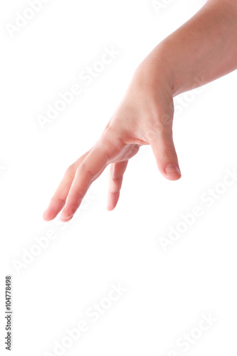 von oben greifende Hand auf weißem Hintergrund