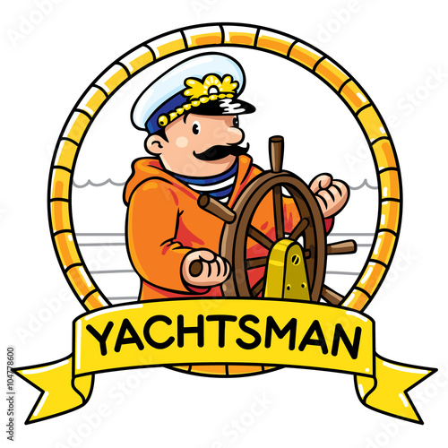 Emblem of funny captain or sailor, or yachtsman in coat, at the helm in round frame with cartouche. Profession ABC series. Children vector illustration.