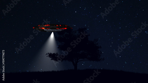 UFO behind Lonely Tree under Amazing Night Sky