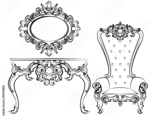 Baroque royal set of furniture with damask ornaments. Vector