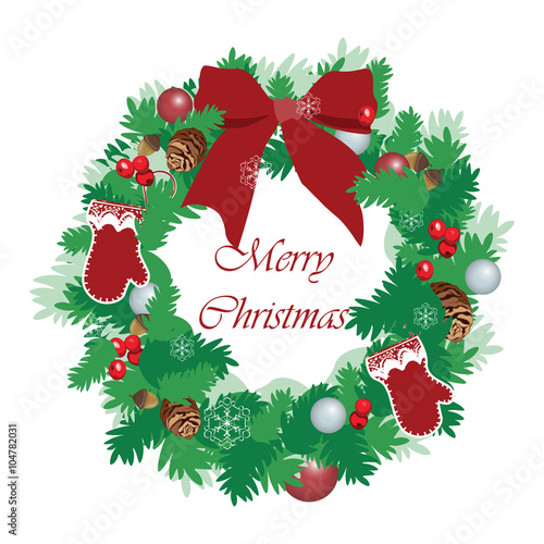 Christmas festive wreath with decorations and bells. Vector