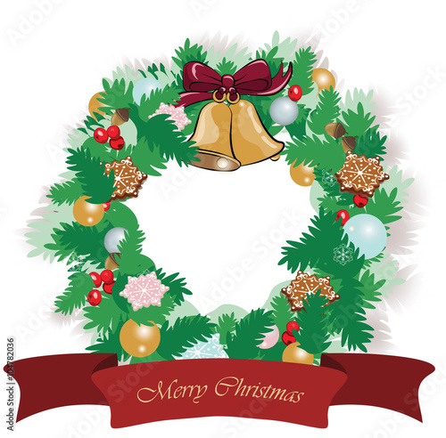 Christmas festive wreath with decorations and bells. Vector