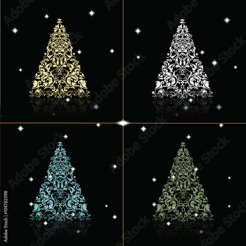 Christmas Tree set in gold, silver, blue and green colors. Vector