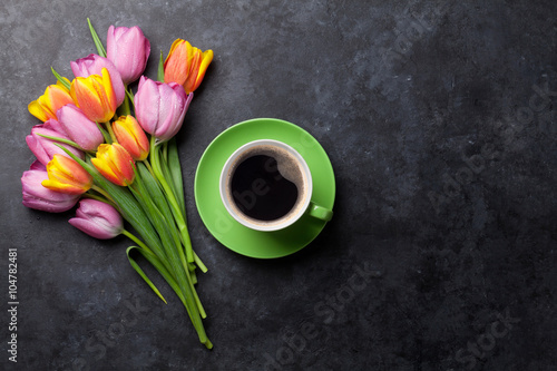 Fresh colorful tulip flowers and coffee