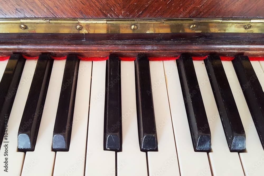 Picture of keys from an old fancy piano, with brown wood. Picture of keys from an old fancy piano, with brown wood.