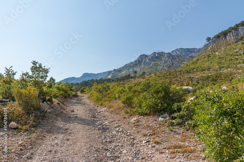 Crimea summer landscape with a mountain dirt road on the slopes of the foothills of the mountain range Ai-Petri