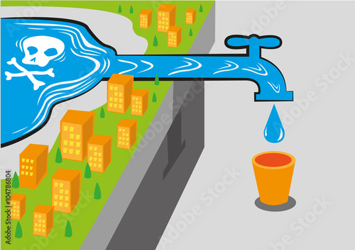 A community gets water from a contaminated source like lead which is deadly. Editable Clip Art.

