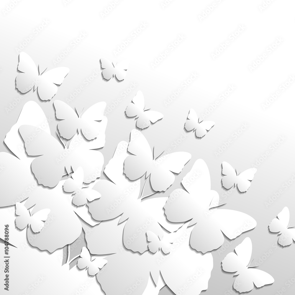 Abstract 3D decorative design is created of many paper-butterflies. Origami with light and shadow