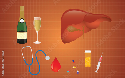 cirrhosis illustration with liver medicine alcohol as the real cause