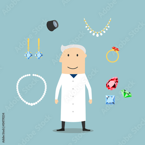 Jeweler man with jewelries and gems