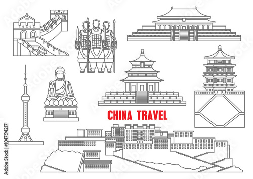 China landmarks thin line icons